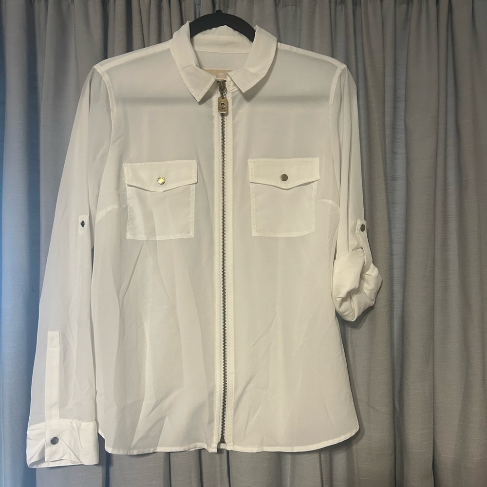 Michael Kors women’s cream with gold sheer zippered blouse size large nwot